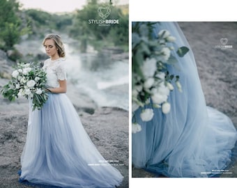 Dusty Blue & Indigo Storm Ombre Wedding Tulle Skirt, Ombre Blue Tulle Skirt Bridal Dress, Rustic  Engagement Ombre Skirt,  Wedding