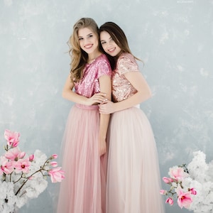 Blush Sequin Bridesmaids, Tulle Dress for Bridesmaids in Rose Gold and Blush Sequin Top, Prom Sequin Dress Plus Size