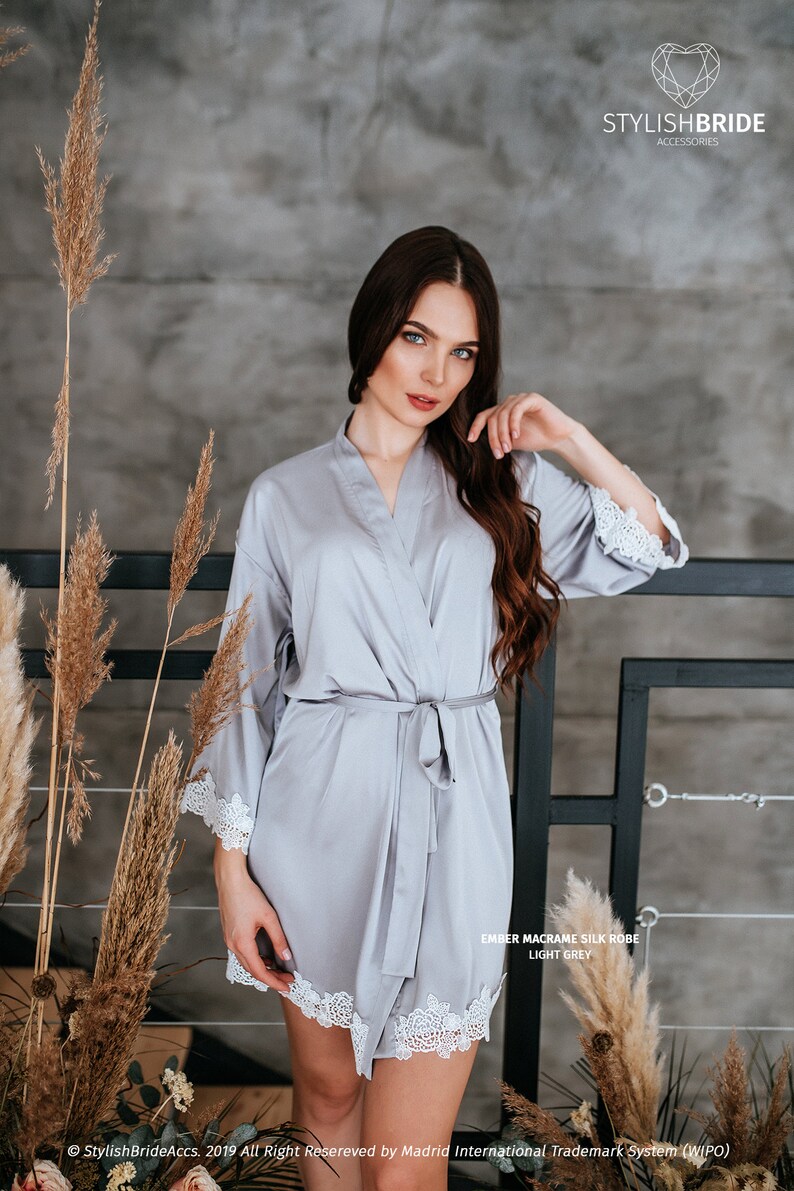 Light Grey Ember Silk Robe Bridesmaids Robes Macrame Lace Etsy