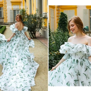 Lilies of the valley: Floral Printed Organza Off Shoulder Maxi Wedding Botanical Dress With Slit And Long Train