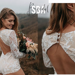 Forest Luna Lace Bodysuit, Lace Backless Bridal Bodysuit, Open Buttoned Back Boho Bodysuit, Bohemian Lingerie Plus Size, Long sleeve body