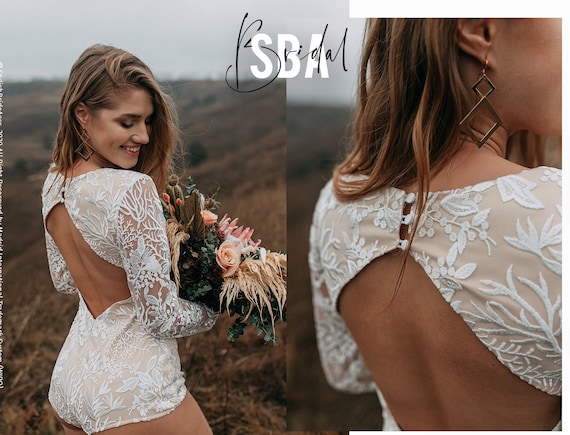 Forest Luna Lace Bodysuit, Lace Backless Bridal Bodysuit, Open Buttoned  Back Boho Bodysuit, Bohemian Lingerie Plus Size, Long Sleeve Body 