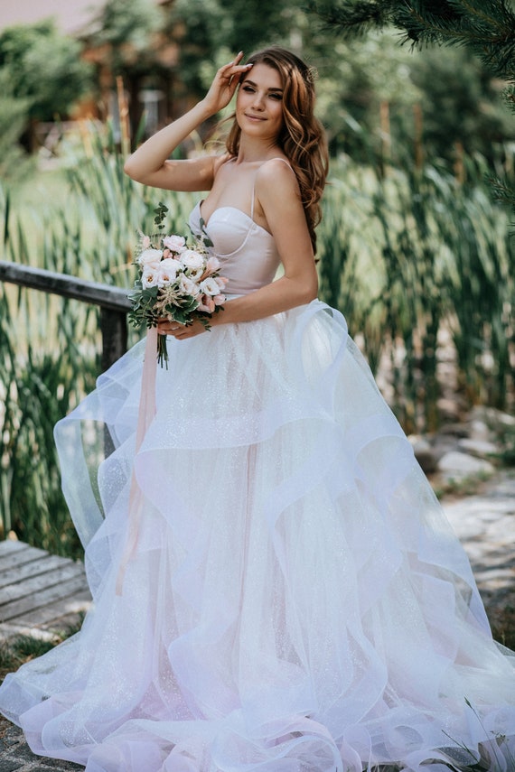 Glitter Ombre swan Tulle Skirt and molly Silk Boho Wedding Lace Top With Spaghetti Straps 2 Pieces Set Bridal Separates SBA Etsy Canada