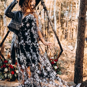 Black Semi-Transparent Dress Flutter Sleeves Black Bohemian Bridal Dress with Stars Wedding Black Boho Dress | Starfall Tulle Dress