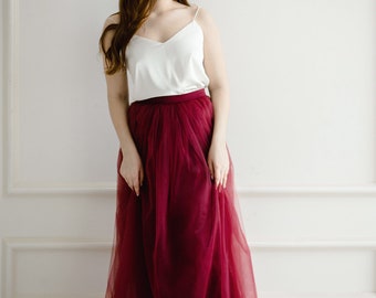 Wine Bridesmaids Dress with Silk Classic Cami Top and  Tulle Skirt, Wine Long Floor Length Waterfall Tulle Skirt, Engagement dress
