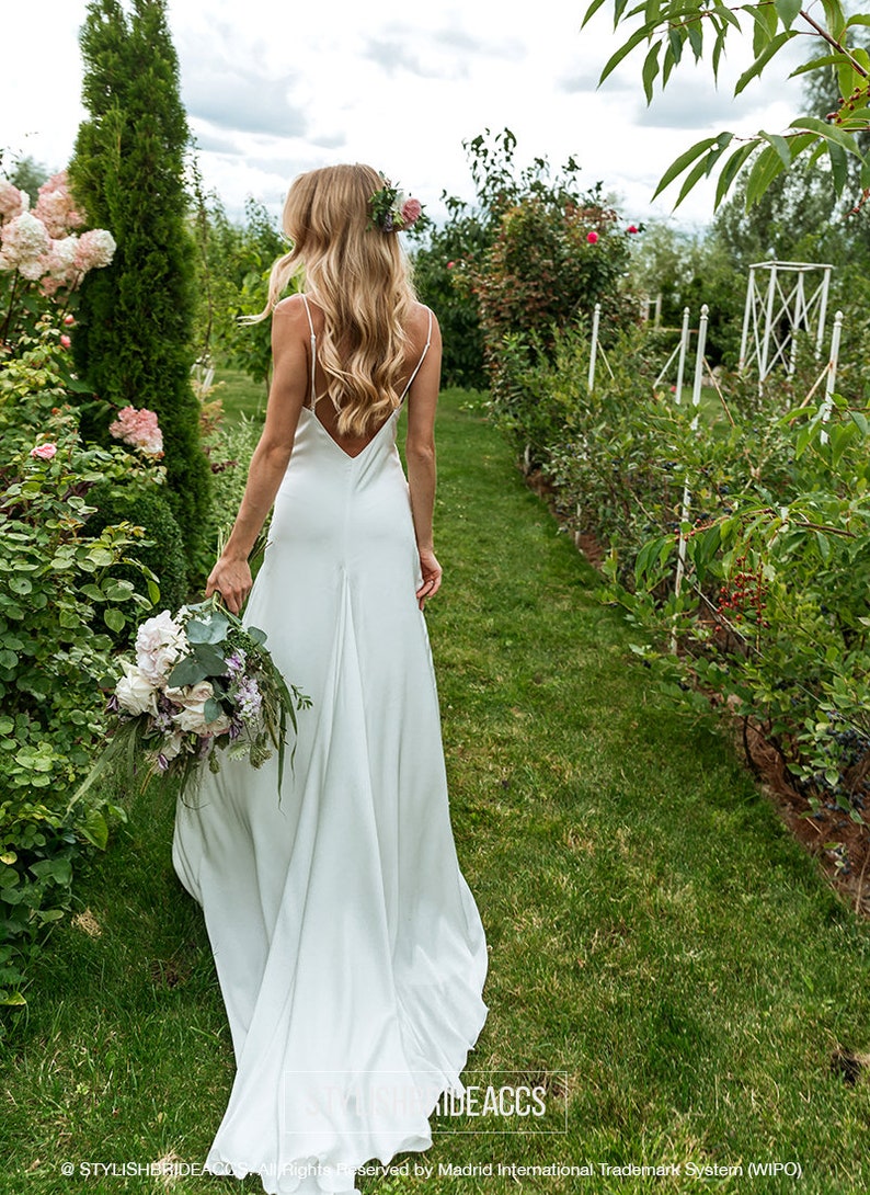 Elegance: Hi-Quality Bridal Silk Satin Slip Dress with Deep V Open Back and Train, Ivory Slip Wedding Dress by Stylishbrideaccs image 3