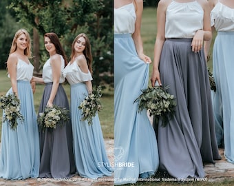 Grey Blue Palette Chiffon Bridesmaid Separates "Sunset", Chiffon Grey Blue Dresses, Chiffon Maxi Bridesmaid Prom Dresses