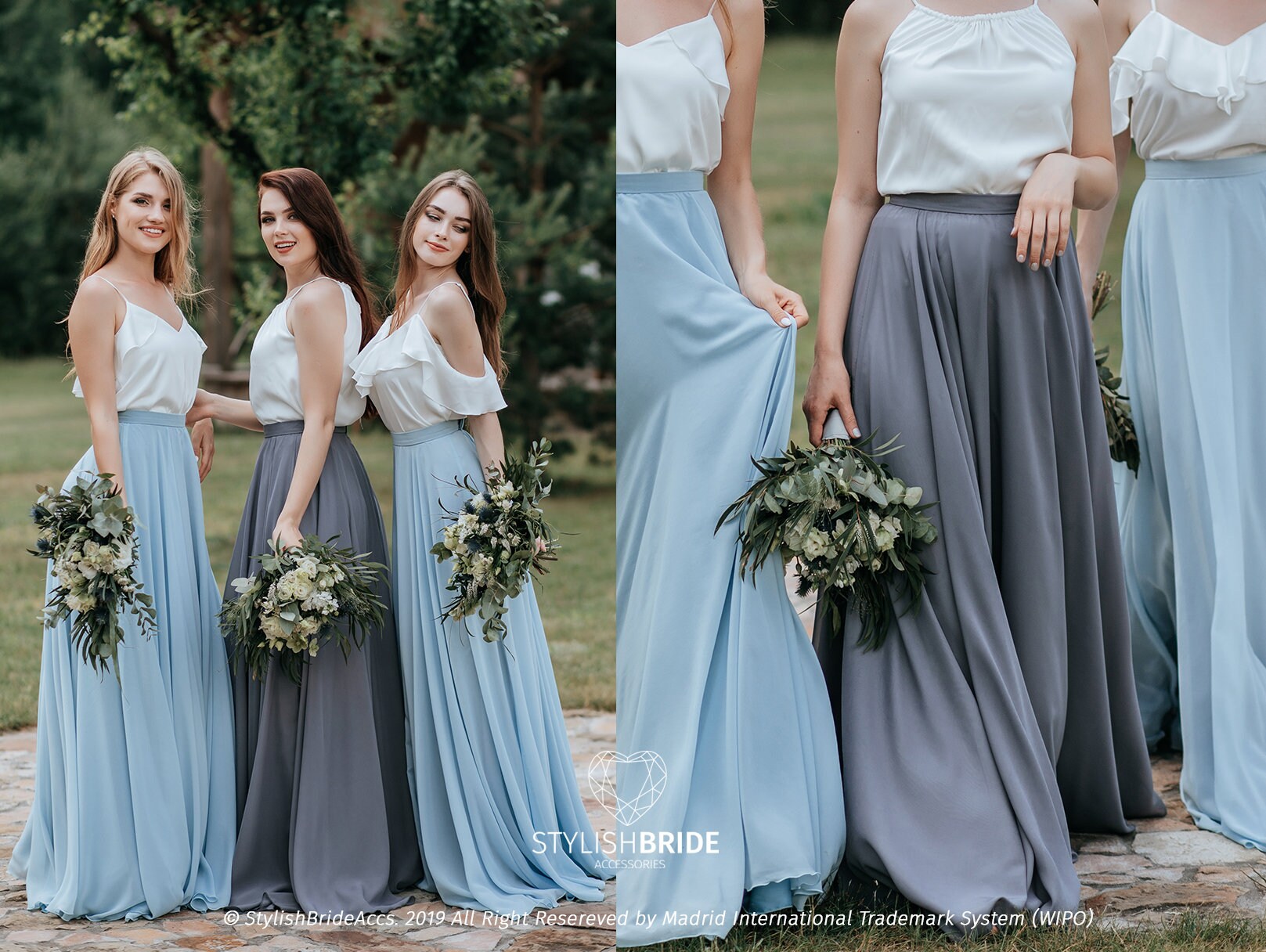 La damigella d onore in chiffon con tavolozza grigio blu separa