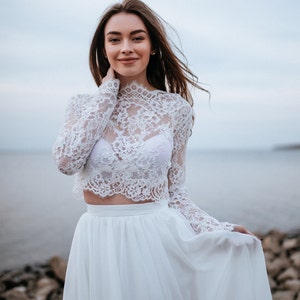 Rosaleen Lace Top, BOHO Bridal Lace Crop Top, Engagement Bridal Separates, Rustic Lace top Plus Size Buttoned Back