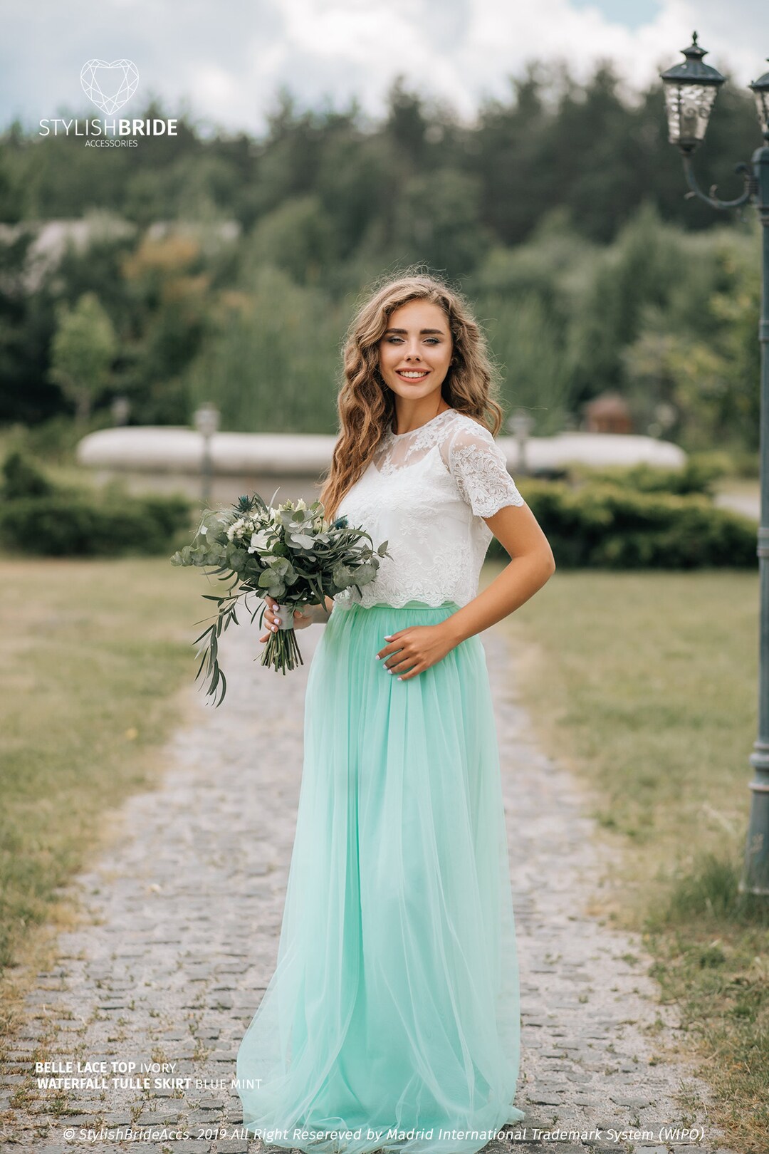 Blue Mint Tulle Dress, Mint Tulle Waterfall and Belle Lace