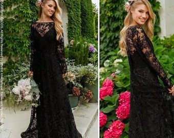 Enchanted forest: Floral Lace Boho Engagement Black Lace Gown with Black Slip Dress, Gothic Wedding Dress Long Sleeve Plus Size