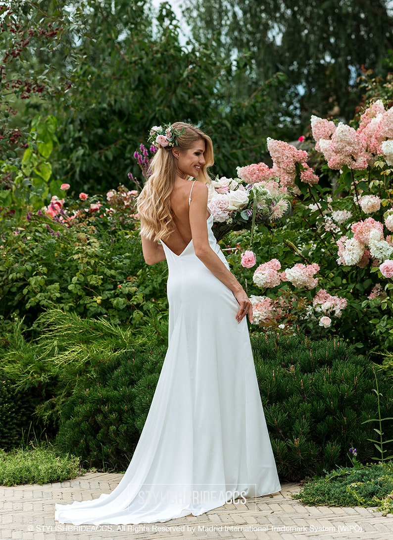 Elegance: Hi-Quality Bridal Silk Satin Slip Dress with Deep V Open Back and Train, Ivory Slip Wedding Dress by Stylishbrideaccs image 5