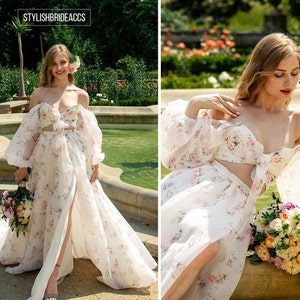 Bellamy Separates: Floral Print Organza Off Shoulder Maxi Dress, Trendy Flower Organza Botanical Wedding Skirt + Bustier