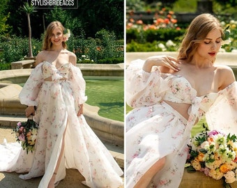 Bellamy Separates: Floral Print Organza Off Shoulder Maxi Dress, Trendy Flower Organza Botanical Wedding Skirt + Bustier