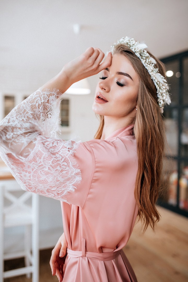 Blush Silk Robe Blush Bridal Robe With Wide Lace Trim Gift Etsy