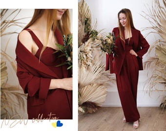 New collection! Wine matte silky satin suit for woman, dark red wedding pantsuit with bustier | Custom Shelby burgundy satin blazer & pants