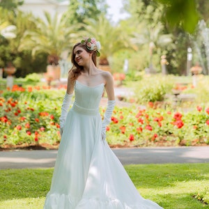 Euphoria: Trendy Wedding Dress Set With Voluminous Silk Satin Ruffle Skirt, Bridal Corset and High Satin Gloves image 9