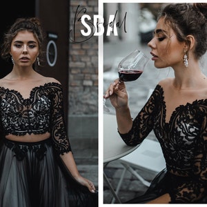 Alice Lux Off Shoulders Black Lace Top with Long Sleeves Low Shoulders Wedding Floral Lace Bridal Top Prom Lace Party Top Vintage Style top