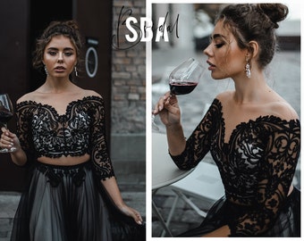 Alice Lux Off Shoulders Black Lace Top with Long Sleeves Low Shoulders Wedding Floral Lace Bridal Top Prom Lace Party Top Vintage Style top