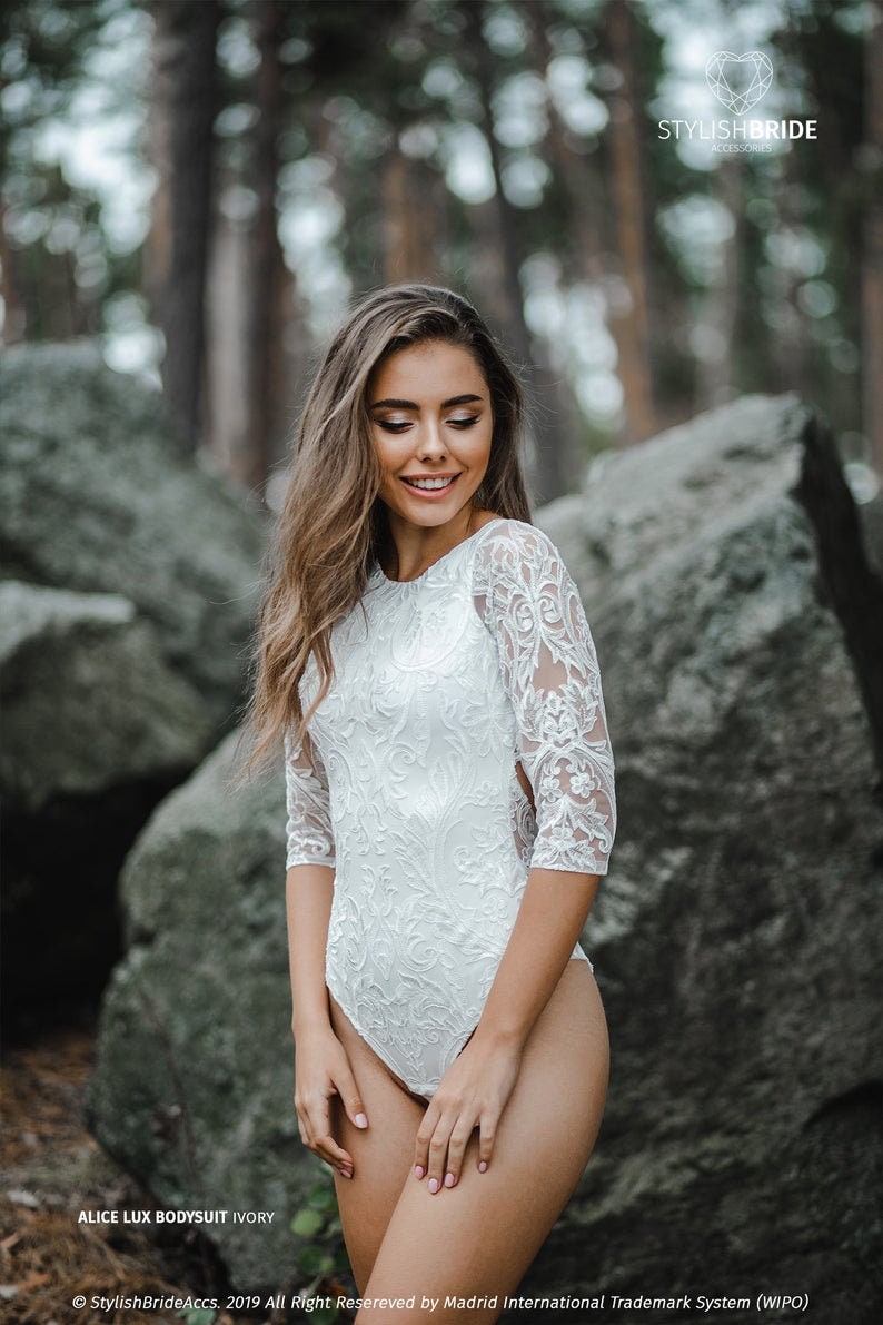 ready to ship #1714 Open Buttoned Back Boho Bodysuit Lace Backless Bridal Bodysuit In stock Size XS: Alice Lux Lace Bodysuit