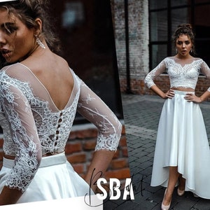 Gia Satin Wedding Dress with Pockets, High Low Off-the-Shoulder Lace Wedding Gown, Lace Bridal Dress, Satin Wedding Skirt  | Rosaleen Gia