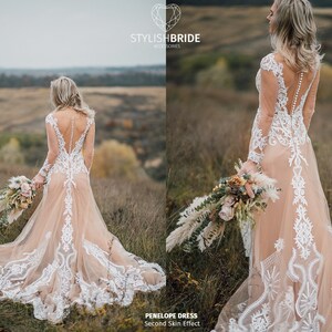 Penelope Second Skin Effect Boho Wedding Dress with Nude Underlay with Train, Champagne Nude Tulle Bridal Gown Lace Appliqués, SBA image 1