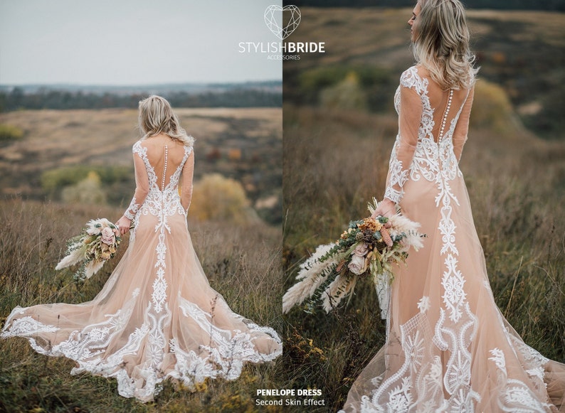 Penelope Second Skin Effect Boho Wedding Dress with Nude Underlay with Train, Champagne Nude Tulle Bridal Gown Lace Appliqués, SBA image 1