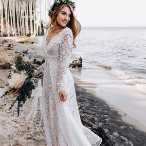 Lace beach boho wedding dress, simple rustic lace bridal dress long sleeves, minimalist lace boho dress open back Alyssa image 2