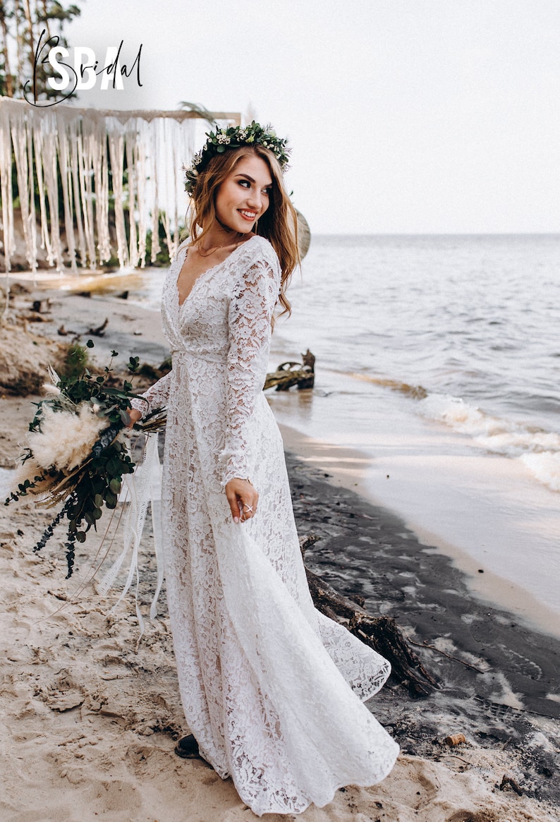 Lace beach boho wedding dress, simple rustic lace bridal dress long sleeves, minimalist lace boho dress open back Alyssa image 2