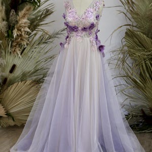 Custom Made&quot;Lavender Dream&quot; Dress in Purple Lavender 3D Lace Variation. Biscuit Blush & Light Lavender Tulle Dress and Vanilla Slip Dress