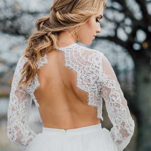 Sophia Open Back Lace Topper, Backless Bridal Lace top, Wedding Top with Open Back New Wedding Collection  Plus Size Engagement Lace Top