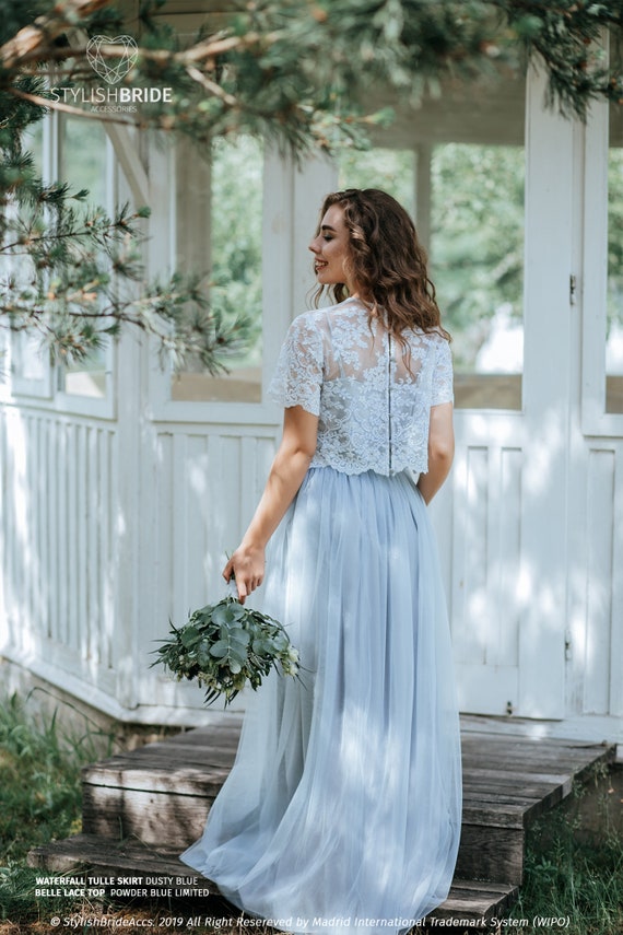 Dusty Blue Glitter Tulle Cap Sleeve Bridesmaid Dress - Xdressy