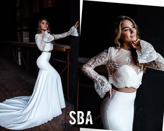 Lia Fit and Flare Bridal Skirt with Bell Sleeves Veronica Allure Lace Bridal Top, Fitted Bridal Lace Dress with Train, Fitted Bridal Skirt