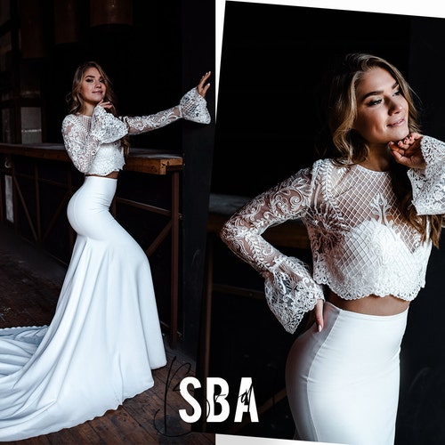 Lia Fit and Flare Bridal Skirt with Bell Sleeves Veronica Allure Lace Bridal Top, Fitted Bridal Lace Dress with Train, Fitted Bridal Skirt