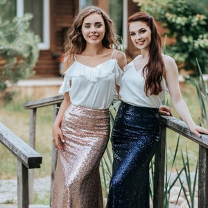 Sequin Skirts for Bridesmaids, Rose Gold Blush Navy Green Sequin Skirt Floor Length with Silk Tops in Plus Size, Party Sequin Skirts image 3