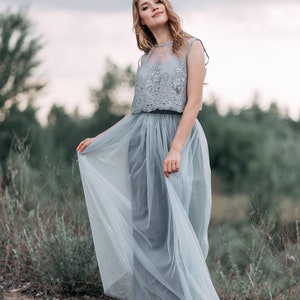 Dusty blue bridesmaid dress, dusty blue casual maxi dress, light grey blue boho wedding dress, dusty blue tulle skirt Mary & Waterfall image 5