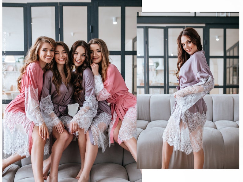 Lilac&Pink Gardenia bridesmaid robes, premium quality lilac bridesmaid robes, bridesmaid gift, party silk robes Tenderness image 1