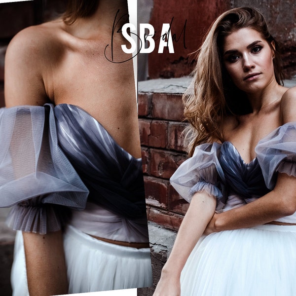 Angel Ombre Bustier with Lantern Sleeves, Off shoulder Tulle Corset Plus Size, Bridal Bustier Top, Sweetheart Shape Top, Prom Corset