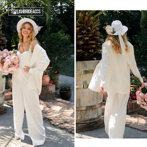 Shelby Suit: Chic Wedding Satin Suit Set - Bridal Silk Satin Wide Pants, Oversized Blazer and Bustier