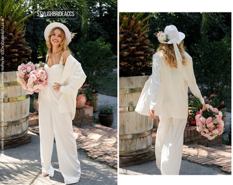 Shelby Suit: Chic Wedding Satin Suit Set - Bridal Silk Satin Wide Pants, Oversized Blazer and Bustier