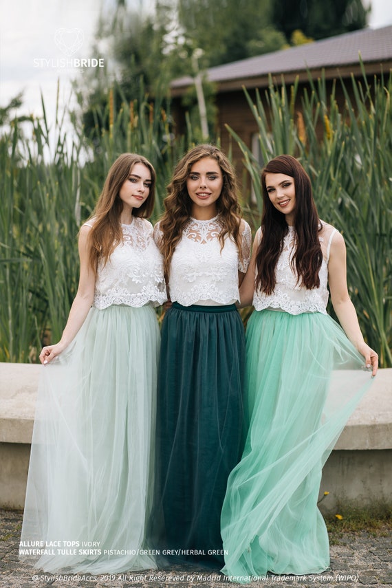 Boho Green Grey Palette Bridesmaid Separates Pistachio green Grey herbal Green Waterfall Tulle Skirt and Allure Lace Tops Plus Size Etsy