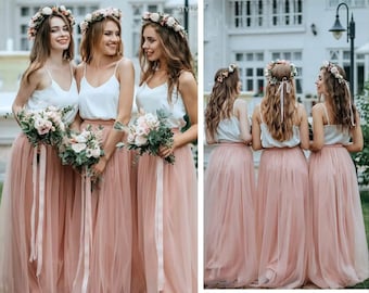 Simple Bridesmaids Separates: Silk Classic Cami Top and Waterfall Floor Length Tulle Skirt, available in Plus Size