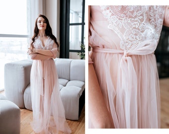 Miracle Blush Boudoir Tulle Dress, Bohemian Blush Lace Robe, Blush Tulle Boudoir Boho Gown, Lace Bridal Blush Robe Photo Shoot