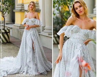 Pastel Field: Chiffon & Organza Mix Floral Printed Wedding Dress Set Small Tender Flowers with Beautiful Folds and Ruffles