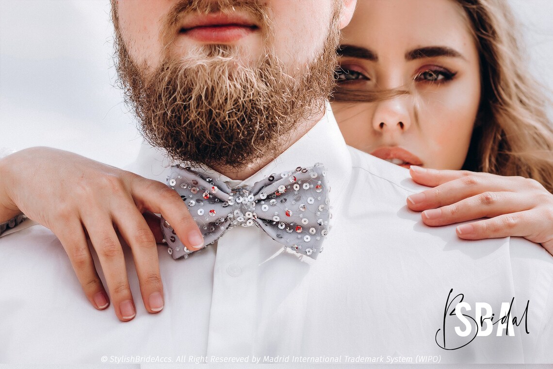 Silver Beaded Boho Groom Bow Tie Silver Bow Tie Mens Bow Etsy