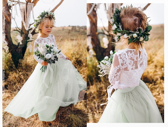 Pistachio Green Boho Flower Girl Separates Flower Girl Tulle