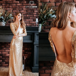 Gold Long Sequin Dress with low open back, Prom sparkle sequin dress in 10 colors: rose gold, black, red, New Year Christmas evening dress