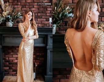 Gold Long Sequin Dress with low open back, Prom sparkle sequin dress in 10 colors: rose gold, black, red, New Year Christmas evening dress