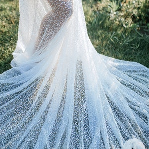 Transparent Ivory Mermaid Sequin Beaded Bridal Maxi Long Dress with Bodysuit, Luxury Prom Sparkle Ivory Wedding Dress, SBA image 3