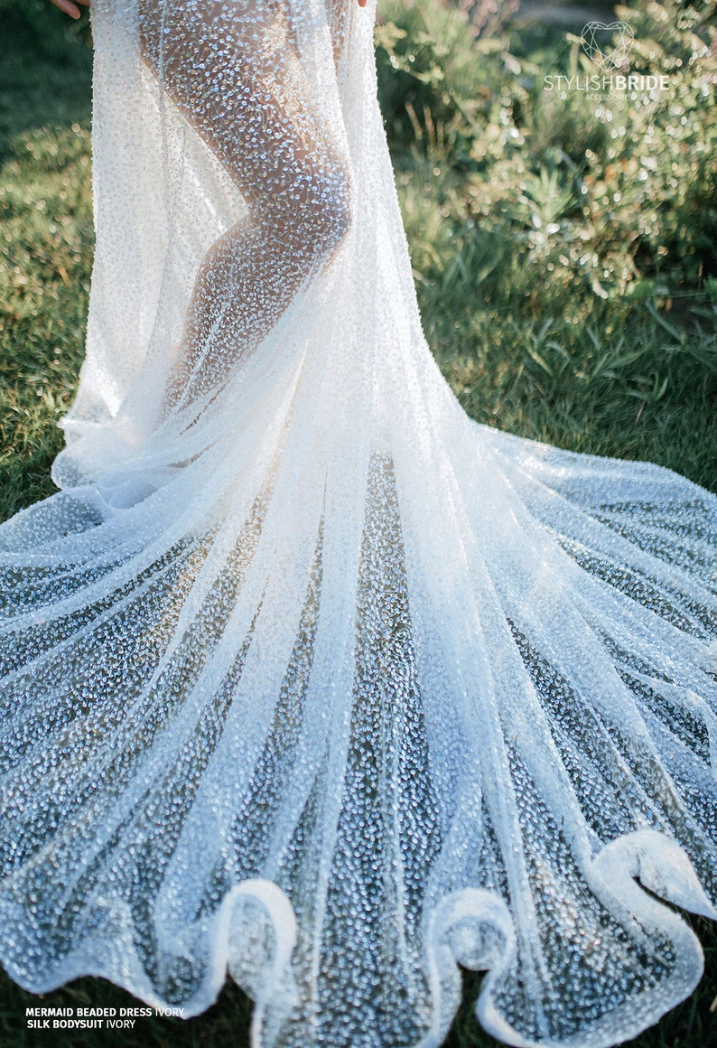 Transparent Ivory Mermaid Sequin Beaded Bridal Maxi Long Dress with Bodysuit, Luxury Prom Sparkle Ivory Wedding Dress, SBA image 3